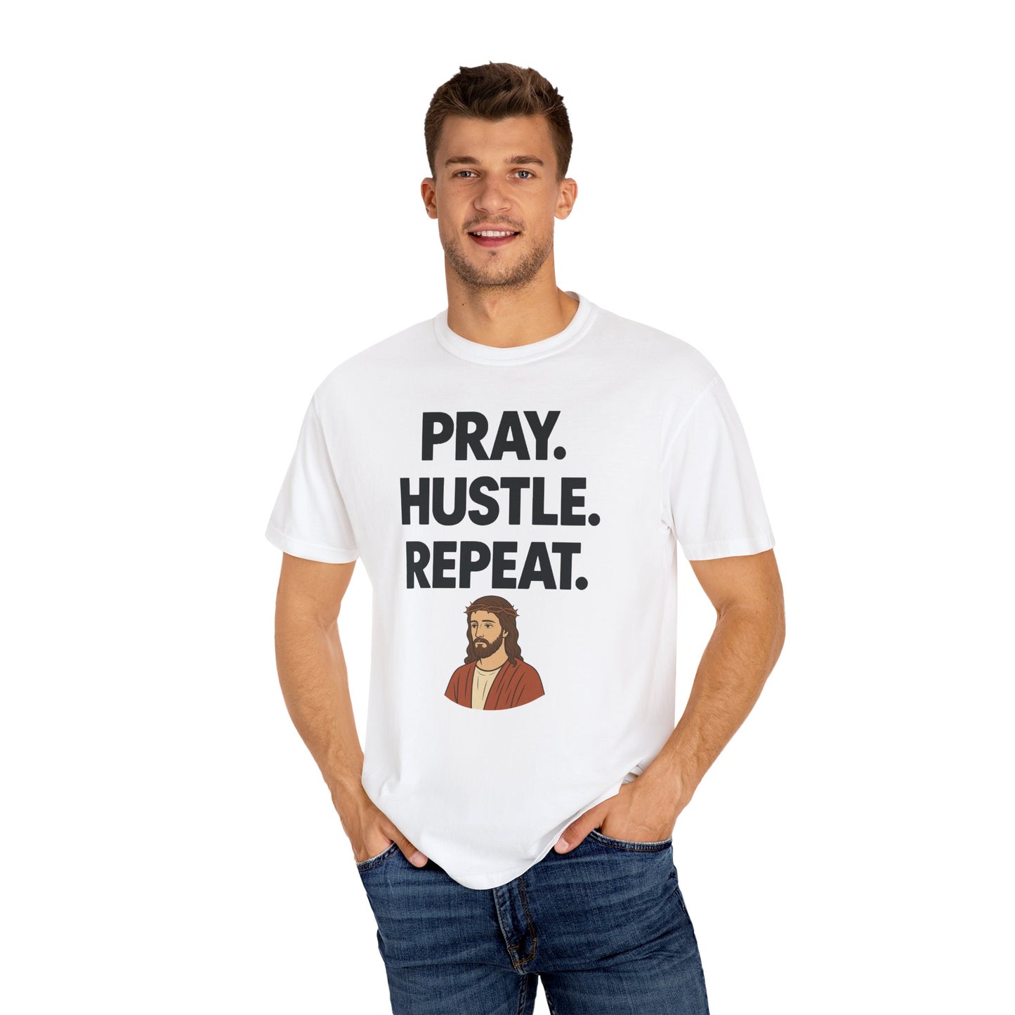 'Pray. Hustle. Repeat.' Christianity Comfort Tee