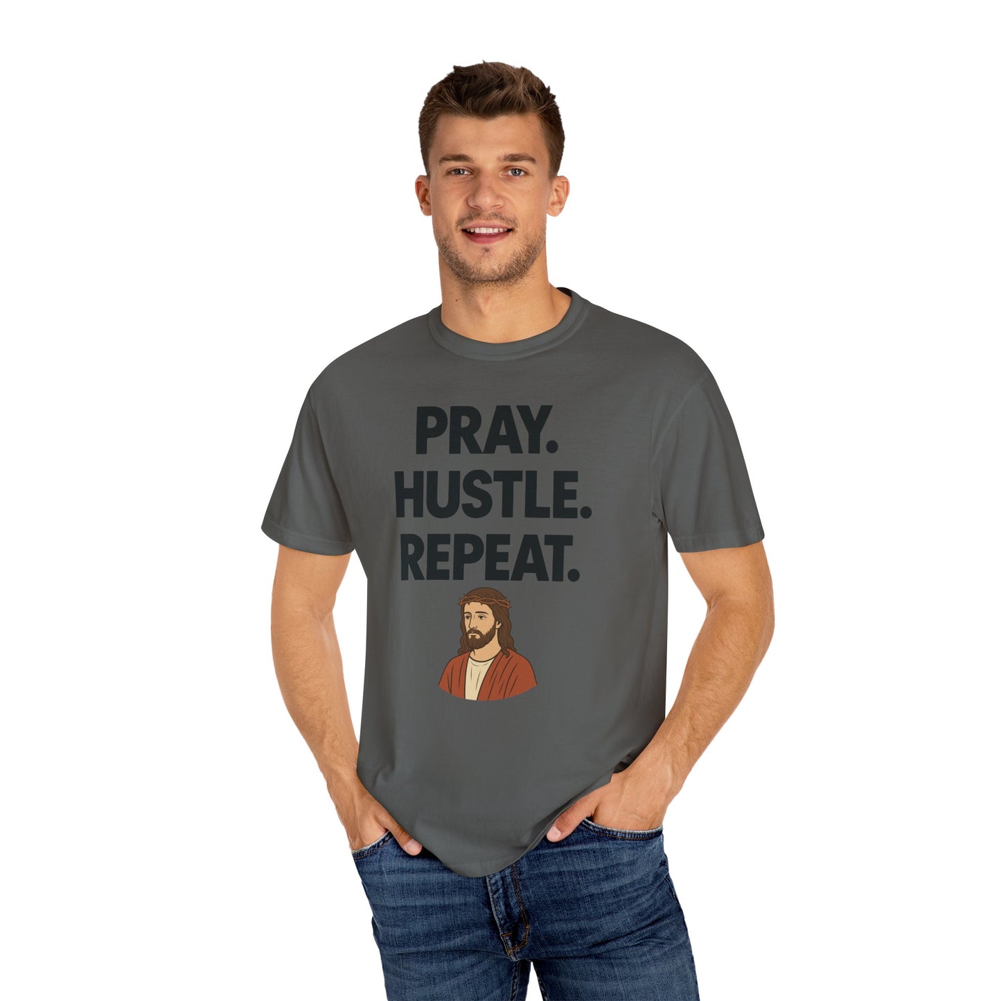 'Pray. Hustle. Repeat.' Christianity Comfort Tee