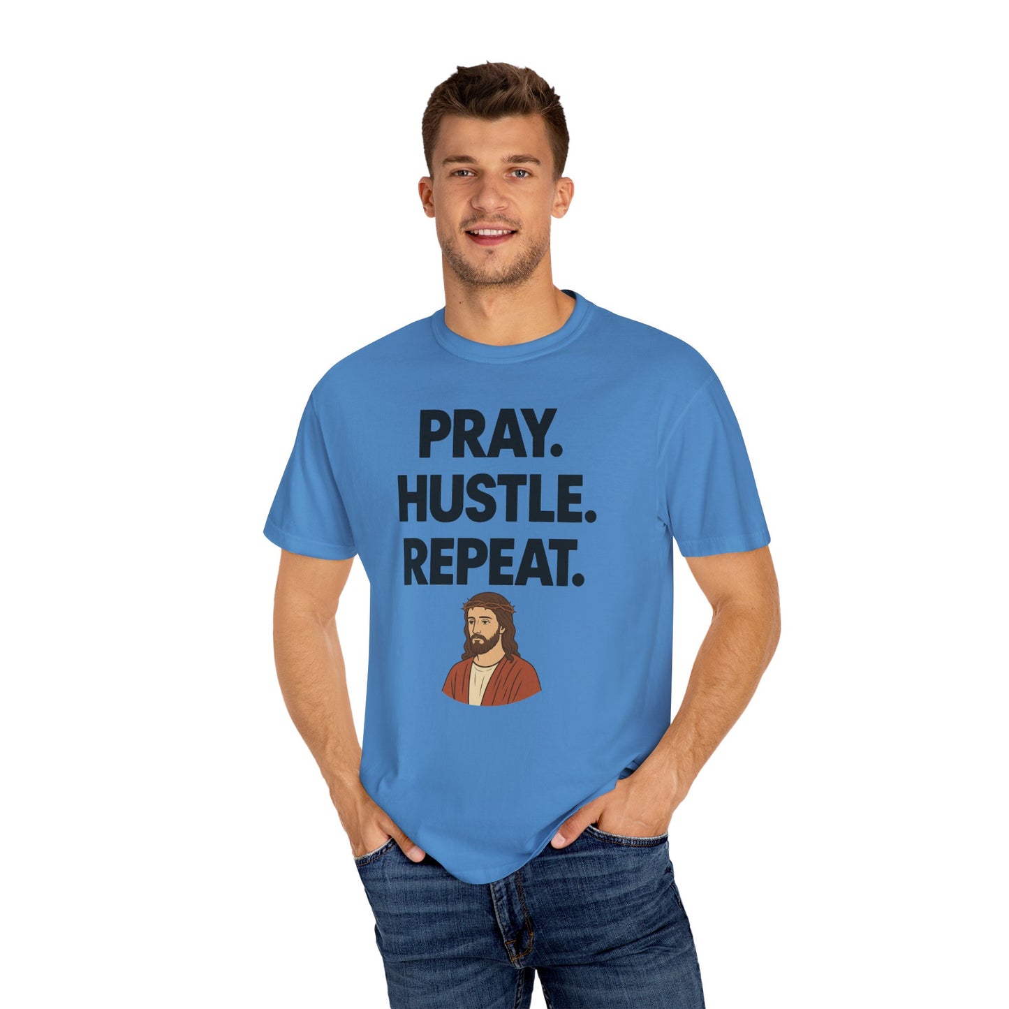 'Pray. Hustle. Repeat.' Christianity Comfort Tee